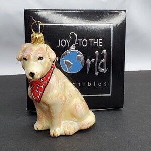 Joy To The World Dog Ornament Yellow Lab Bone Bandana Handmade Glass Poland